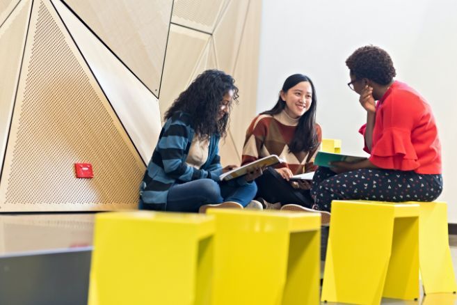 Campus group of females reading books