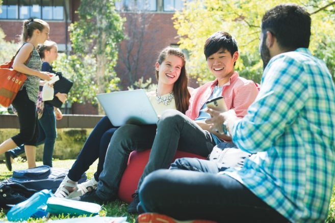 Campus group on bean bags talking