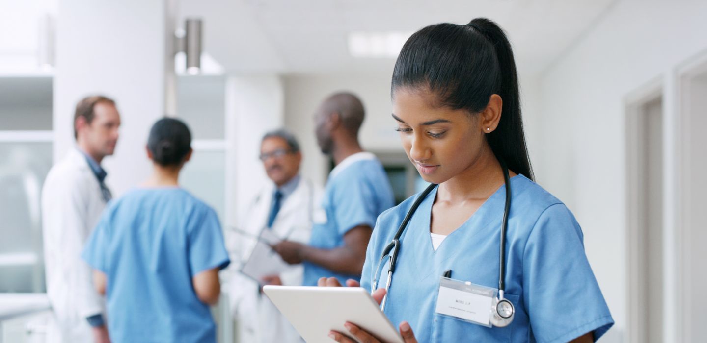 Off campus female nurse working