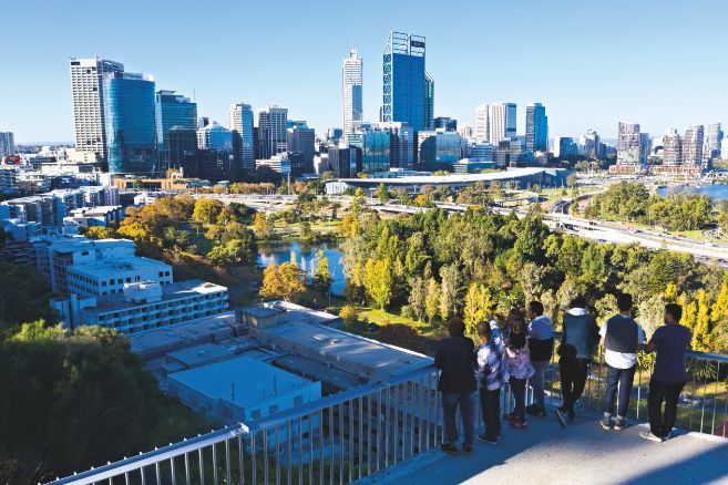 Off campus group looking at Perth city view